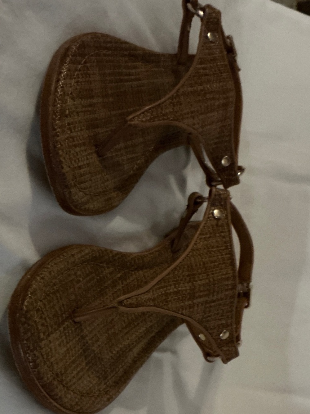 Women’s Tan Woven T-Strap Sandals with Ankle Buckle